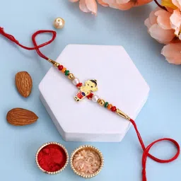 PANASH Gold-Plated Ganesh Shaped Beaded With Thread Rakhi With Roli Chawal image 2