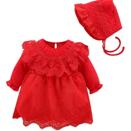 StyleCast Infants Girls Red Floral Embroidered Cotton Fit & Flare Dress With Cap-image-40