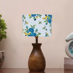 Devansh Brown & White Floral Printed Cotton Table Lamp With Wood Natural Base-28