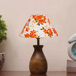 Devansh Brown & White Floral Printed Cotton Table Lamp With Wood Natural Base-52