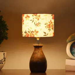 Devansh White & Brown Printed Cotton Table Lamp With Wood Natural Base-55