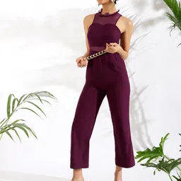 KASSUALLY Burgundy Halter Neck Basic Jumpsuit with Ruffles-picture-30