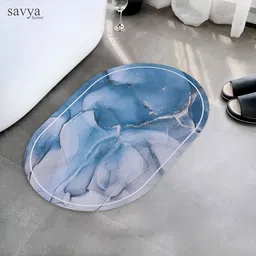 SAVYA HOME Blue & White Abstract-Printed 210 GSM Bathroom Mat-43