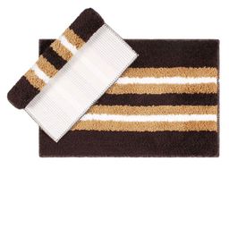 LUXEHOME INTERNATIONAL Unisex Set Of 2 Brown & Yellow Striped Microfibre 1800 GSM Bath Rug-5