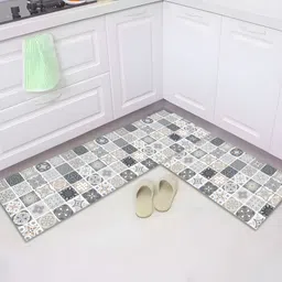 UMAI Grey & White 2 Pieces Ethnic Motifs Printed Anti Skid Kitchen Runners-26