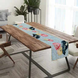 Tasseled Home Green & Red Lattice Lotus Printed Rectangular Table Runner image 1