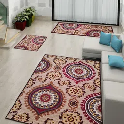 Athom Trendz Maroon & Yellow Printed Anti-Slip Carpet Set-12