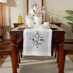 MONKDECOR White & Brown Embroidered Table Runner-image-80