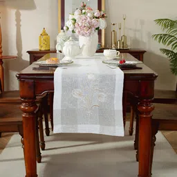 MONKDECOR White & Camel Brown Embroidered Table Runner-image-82