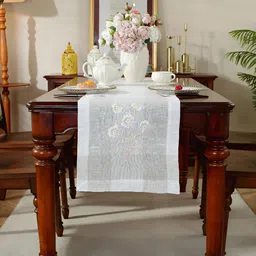 MONKDECOR White & Camel Brown Embroidered Table Runner-image-81