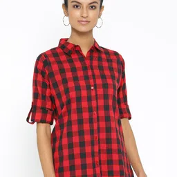 Vastraa Fusion Women Red & Black Regular Fit Checked Casual Shirt-image-39