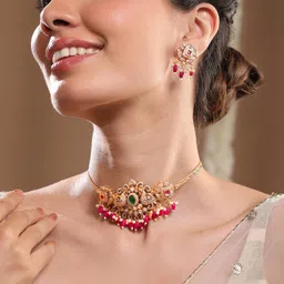 Rubans 22K Gold Plated Ruby, Emerald & Cubic Zirconia Choker Set with Red & Pearl Beads-picture-28