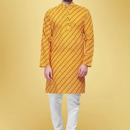SHIWAM ETHNIX Mandarin Collar Checked Block Printed Cotton Straight Kurta-image-99