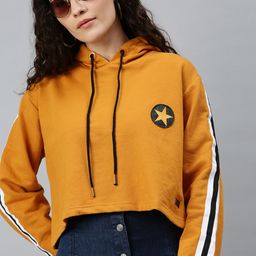 Campus Sutra Women Mustard Yellow Solid Hooded Pure Cotton Cropped Sweatshirt-image-37