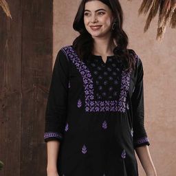 ADA Women Black & Purple Chikankari Embroidered Pure Cotton Straight Sustainable Kurti-picture-17