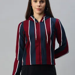Campus Sutra Women Maroon & Navy Blue Striped Hooded Sweatshirt-image-66