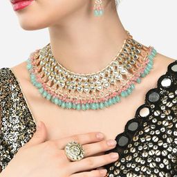 Zaveri Pearls Gold-Plated Fluorescent-Green Colored Kundan-Studded Jewellery Set-27
