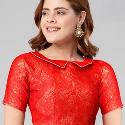 flaher Ethnic Motifs Zari Woven Design Shirt Collar Padded Saree Blouse-image-17