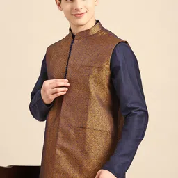 Anouk Men Navy Blue Solid Straight Sustainable Kurta Pyjamas & Woven Nehru Jacket-99