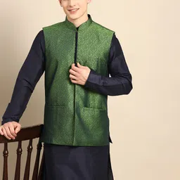Anouk Men Navy Blue Solid Straight Sustainable Kurta Pyjamas & Woven Nehru Jacket-50