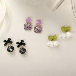 Estailo fashion Set Of 3 Stainless Steel Artificial Stones Studded Square Drop Earrings-29