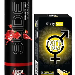 noTTy Boy Set of Slide Strawberry Flavoured Lube - 100 ml & SixtyNine Condoms - 10 Pcs-16