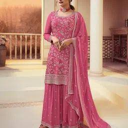 Seerat Ethnic Embroidered Regular Thread Work Silk Chiffon Kurta with Sharara & Dupatta-picture-17