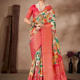 Silk Land Off White & Peach-Coloured Ethnic Motifs Zari Art Silk Banarasi Saree-picture-14