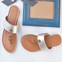 Street Style Store Women Gold-Toned & Brown Colourblocked T-Strap Flats-image-70