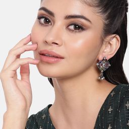AITIHYA Silver-Plated Oxidised Artificial Stones Geometric Studs-16