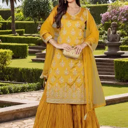KALINI V-neck Ethnic Motifs Embroidered Regular Kurta with Sharara & With Dupatta-picture-10