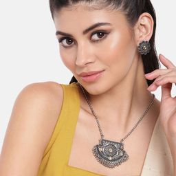 AITIHYA Silver-Plated Oxidised Artificial Stones Jewellery Set-image-43