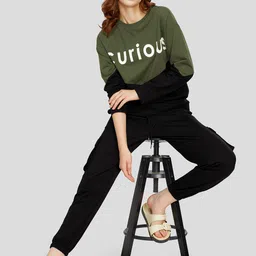 Zeyo Typography Printed & Colourblocked Round Neck Sweatshirt With Cargo Joggers-picture-49