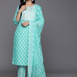 Indo Era Floral Printed Regular Sequinned Pure Cotton Kurta With Trousers & Dupatta-image-45