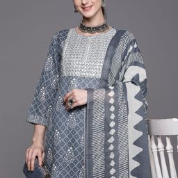 Indo Era Bandhani Printed Regular Thread Work Pure Cotton Kurta With Trousers & Dupatta-image-39