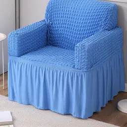 HOKIPO Blue Polyester 1 Seater Stretchable Elastic Frilled Sofa Cover-image-90
