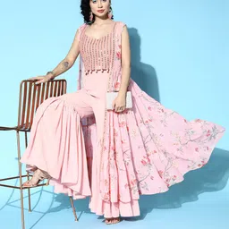 Kvsfab Women Ethnic Motifs Poly-Georgette Shimmer & Sequin Kurta Set-image-18