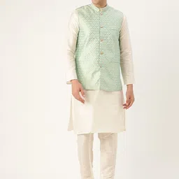 SOJANYA Men Off-White & Sea Green Solid Kurta with Churidar & Nehru Jacket-17