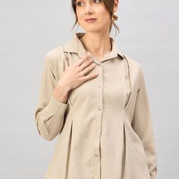 The Roadster Lifestyle Co. Beige Spread Collar Long Sleeves Shirt Style Top-image-6