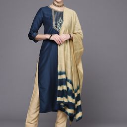 Varanga Women Navy Blue Yoke Design Kurta with Trousers & With Dupatta-image-47