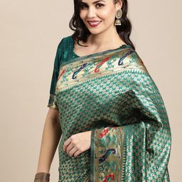Saree mall Teal & Red Woven Design Zari Silk Blend Paithani Sarees-image-48