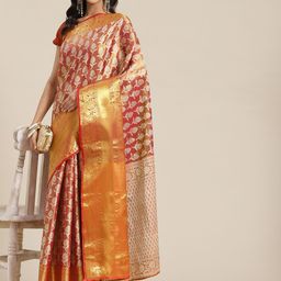 Silk Land Pink & Orange Ethnic Motifs Zari Brocade Banarasi Saree-23