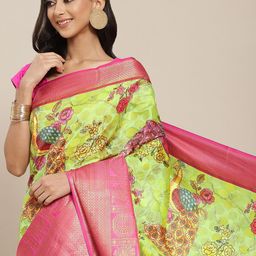 Silk Land Green & Pink Ethnic Motifs Zari Art Silk Banarasi Saree-image-86
