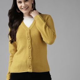 Cayman Women Mustard Yellow Self Designed Striped Cardigan Sweater-77