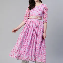 Vbuyz Floral Printed Kantha Work Georgette Anarkali Kurta With Belt-28