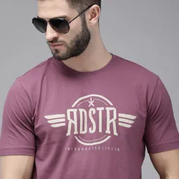 Roadster Men Purple Brand Logo Printed Pure Cotton T-shirt-image-0