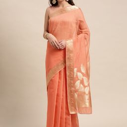 Mitera Peach-Coloured Ethnic Motifs Zari Linen Blend Taant Saree-image-84