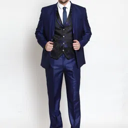 LUXURAZI Men Blue & Black Solid Slim-Fit Tuxedo Three-Piece Suit-24