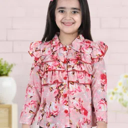 Cutiekins Girls Pink & Red Floral Print Ruffles Crepe Shirt Style Top-picture-3