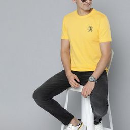 HERE&NOW Men Yellow Solid Pure Cotton T-shirt-image-40